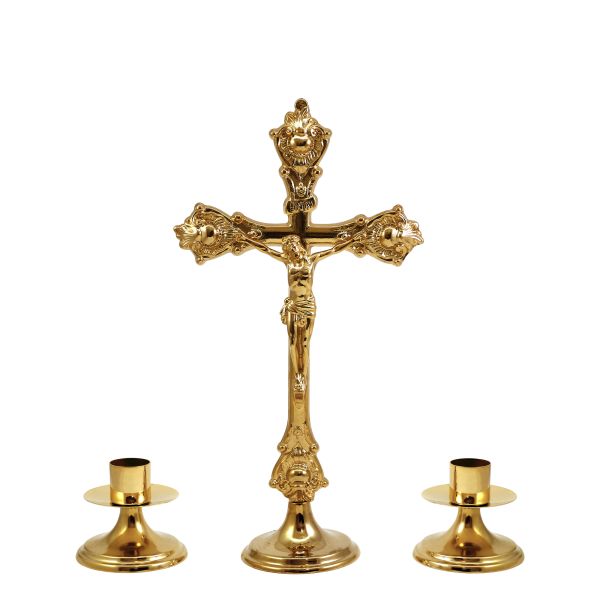 CROCE E CANDELIERI DA ALTARE DORATI h. 36 cm. - Produzione Articoli  Religiosi Bologna